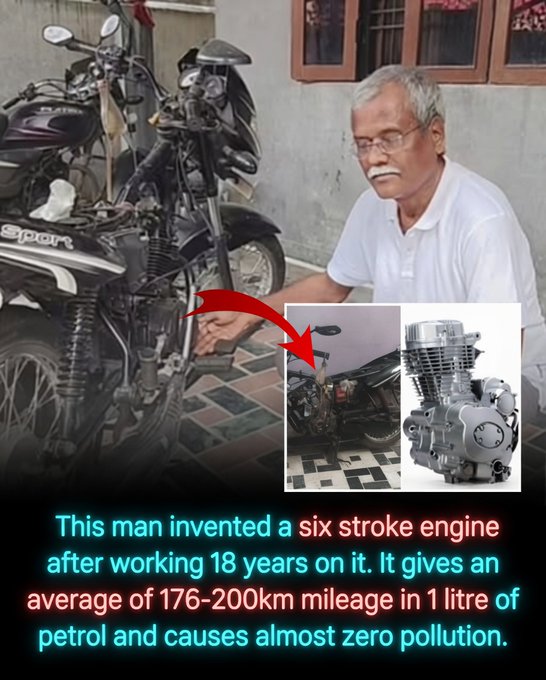 Rainmaker1973's tweet photo. An inspiring story of perseverance has emerged from Prayagraj, India, where an alumnus of Allahabad University has developed a highly efficient six-stroke engine after nearly two decades of dedicated work.

Shailendra Singh Gaur, who graduated in 1983, spent 18 years refining his invention, often at great personal cost. He sold his land, shop, and even his house to fund the project, converting a rented space into a makeshift workshop. Drawing on technical experience gained at institutions such as Motilal Nehru National Institute of Technology and IIT (BHU), he created a prototype that he claims delivers an extraordinary 176 to 200 kilometers per liter of petrol on a modified 100cc motorcycle.

Unlike conventional four-stroke engines, Gaur’s six-stroke design aims to extract significantly more energy from the same amount of fuel. In one demonstration, the modified bike reportedly ran for 35 minutes on just 50 milliliters of petrol. The inventor states that the engine achieves up to 70% thermal efficiency, runs on multiple fuels, and produces near-zero pollution.

Gaur has already secured two patents for the technology, with more pending. If successfully scaled and independently validated, this innovation could dramatically reduce fuel consumption and emissions for motorcycles, cars, and other vehicles across India and beyond.

While the claims are remarkable and have generated significant excitement, further rigorous testing and peer review will be essential before widespread adoption. Nevertheless, Gaur’s story stands as a powerful example of individual determination and grassroots innovation in Indian engineering.
