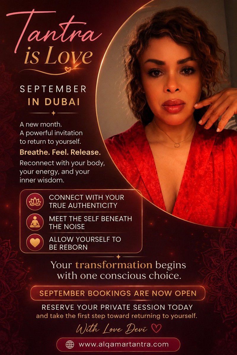massoulwellness's tweet photo. September in #Dubai 
Tantra is presence, connection &amp; conscious energy
Private sessions Reserved appointments Absolute discretion
Hotels available by advance booking
With love Devī 🌹
#DIFC #Tantra #downtown #dubaimarina #DubaiHotels 
 #DubaiWellness #palmjumeirah #JBR https://t.co/liIasV8LMd