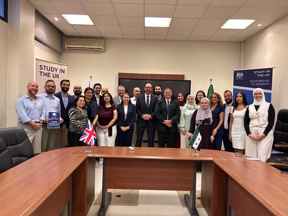 UKSyriaRep's tweet photo. Congratulations to our new @CheveningFCDO scholars! A real pleasure to host them, alongside our alumni, at our pre-departure event in Damascus - and to hear their stories and their ideas for Syria's future. 🇬🇧🇸🇾 https://t.co/MdYEPTt1xg