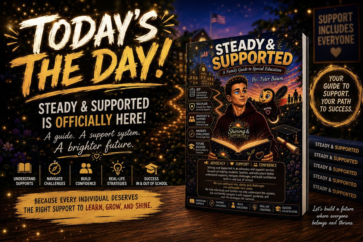 ShiningSupports's tweet photo. Today marks an exciting milestone for me and for Shining & Supported. Steady & Supported: A Family Guide to Special Education is officially here! I wrote this book to turn my personal and professional experiences into a resource that helps others better understand, navigate, and advocate within special education. Proud to share it with you.

— Tyler Baum
Founder, Shining & Supported
@tbaum2430