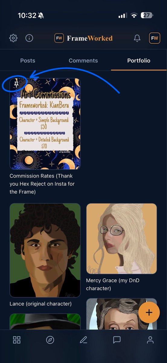 FrameWorked_'s tweet photo. Did you know you can pin art to your FrameWorked portfolio? You can even use this to pin commission info sheets to make it easier for your buyers!

The portfolio shown is by KianBera, check them out here -> https://t.co/TU6xjeFf4R https://t.co/WzZOdKS2Mf