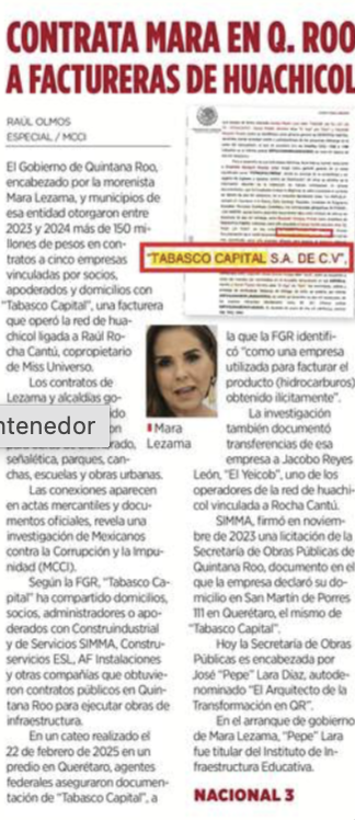 JJDiazMachuca's tweet photo. MARA LEZAMA: DE LOS AVIONES PRIVADOS Y EL HELICÓPTERO MILLONARIO… AHORA BRINCAMOS A EMPRESAS VINCULADAS CON EL HUACHICOL FISCAL 👇🏻

Parece que cada vez que se levanta otra piedra alrededor del gobierno de Mara Lezama Espinosa (@MaraLezama)aparece una nueva historia.

Primero fueron los viajes en aviones privados.

Después, el helicóptero adquirido por 440 millones de pesos para Quintana Roo.

Y ahora aparecen más de 150 MILLONES DE PESOS EN CONTRATOS PÚBLICOS otorgados entre 2023 y 2024 por el Gobierno de Quintana Roo y varios municipios a cinco empresas que, según la investigación publicada, comparten socios, apoderados o domicilios con Tabasco Capital.

¿Y qué es Tabasco Capital?

Una empresa que la FGR (@FGRMexico) ha identificado en sus investigaciones como utilizada para facturar producto obtenido ilícitamente dentro de una trama de huachicol vinculada con Raúl Rocha Cantú.

Los contratos públicos abarcaron alumbrado, señalética, parques, canchas, escuelas y otras obras.

Y las conexiones empresariales están documentadas en actas mercantiles y documentos oficiales.

Así que la historia alrededor del gobierno de Mara Lezama ya brincó:

DE LOS AVIONES PRIVADOS… ✈️

AL HELICÓPTERO MILLONARIO… 🚁

Y AHORA A EMPRESAS VINCULADAS CON UNA FACTURERA INVESTIGADA EN UNA RED DE HUACHICOL FISCAL.

La pregunta para Mara Lezama es inevitable:

¿QUIÉN REVISÓ A ESAS EMPRESAS ANTES DE ENTREGARLES MÁS DE 150 MILLONES DE PESOS EN CONTRATOS PÚBLICOS?

Porque aquí ya no estamos hablando de vuelos ni de lujos.

ESTAMOS HABLANDO DEL DINERO DE LOS QUINTANARROENSES. 👇🏻