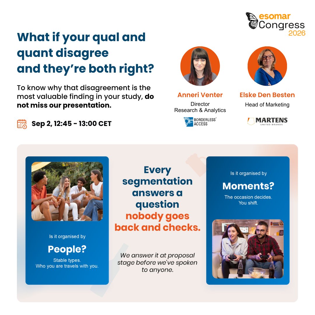 BorderlessXs's tweet photo. What happens when qual and quant tell you two different truths about the same consumer?

At #ESOMAR2026, Anneri Venter of Borderless Access and Elske den Besten of United Dutch Breweries explore why the answer isn’t always to reconcile them.

📍And meet us at Booth #18. https://t.co/lKDnKxW3oV