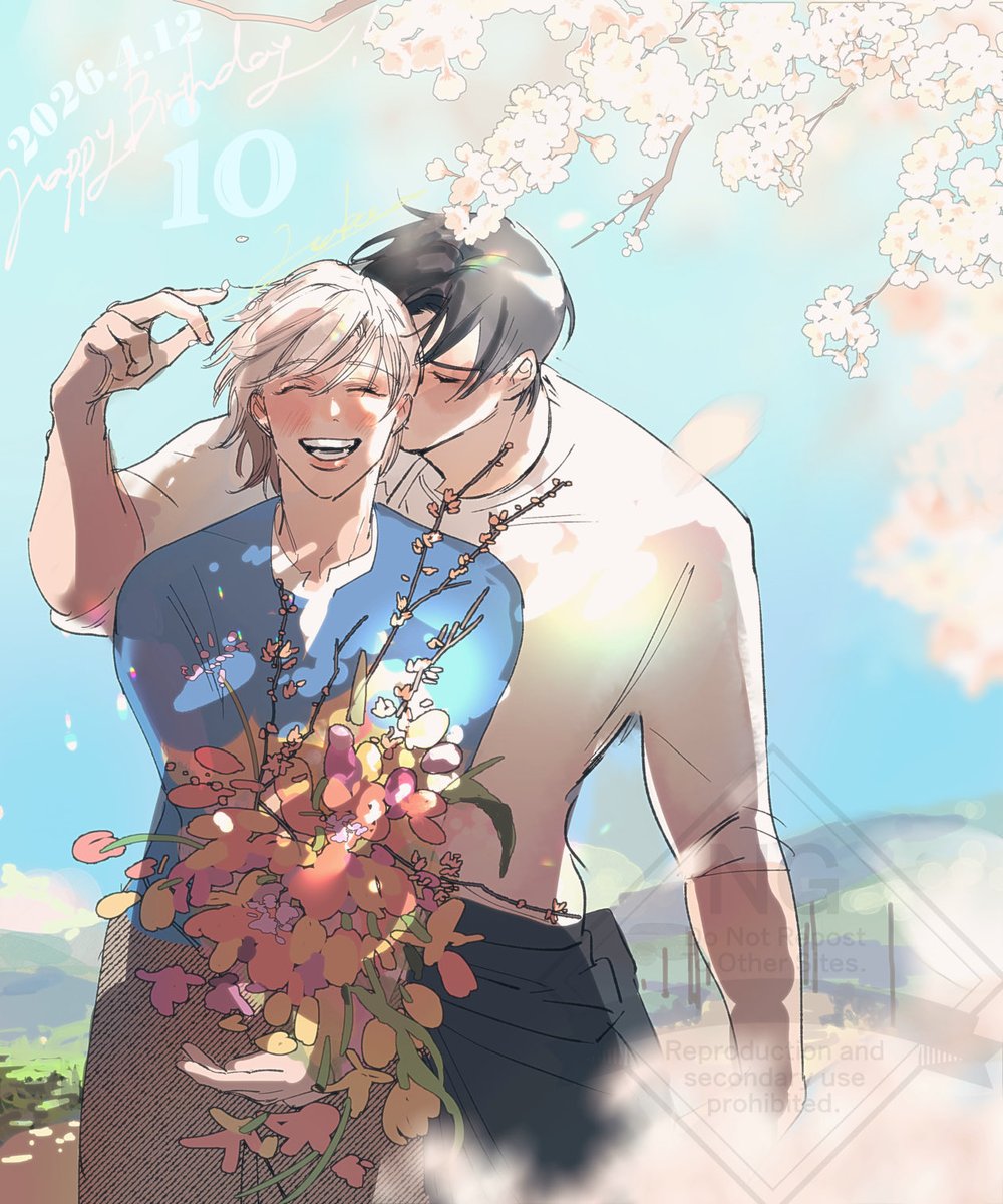 02jikoku's tweet photo. 今年のいお誕絵🌸4/12
兄ィは秋生まれにしようと思いつつ、決めるタイミングを見失いました...

ちるちるや電子配信サイトでのレビューありがとうございます！定期的に読み返して栄養にしてます🥹🥹 https://t.co/i7h73VClG8