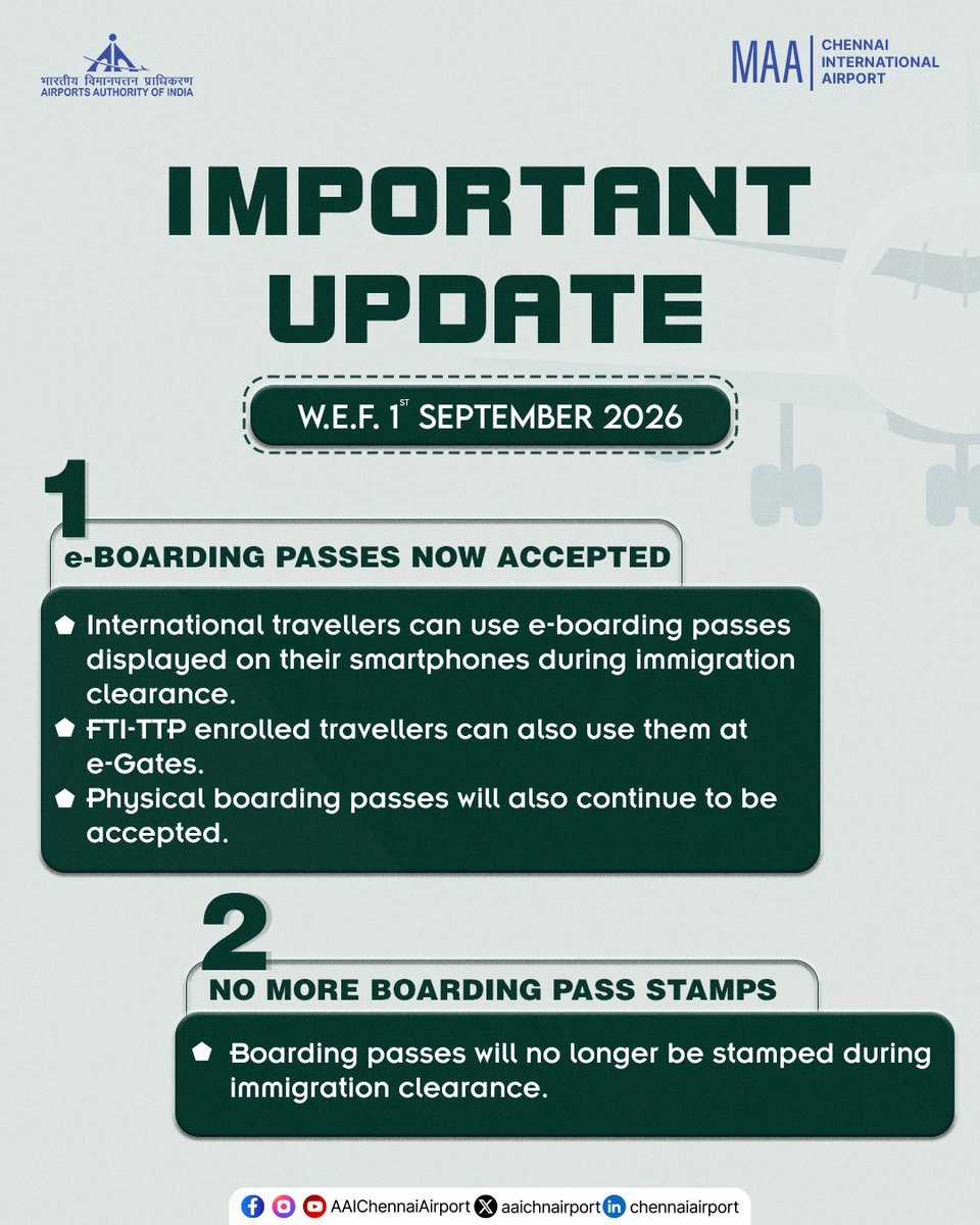 aaichnairport's tweet photo. #IMPORTANTUPDATE | With effect from 1 September 2026, the immigration clearance process for international passengers will move towards a more digital and paperless experience.
Passengers may now present their e-boarding passes for immigration clearance, and physical stamping of boarding passes will no longer be required.
#ChennaiAirport #SmoothTravel #InternationalTravel #AirportImmigration
@MoCA_GoI | @AAI_Official | @Pib_MoCA | @BOIndiaOfficial