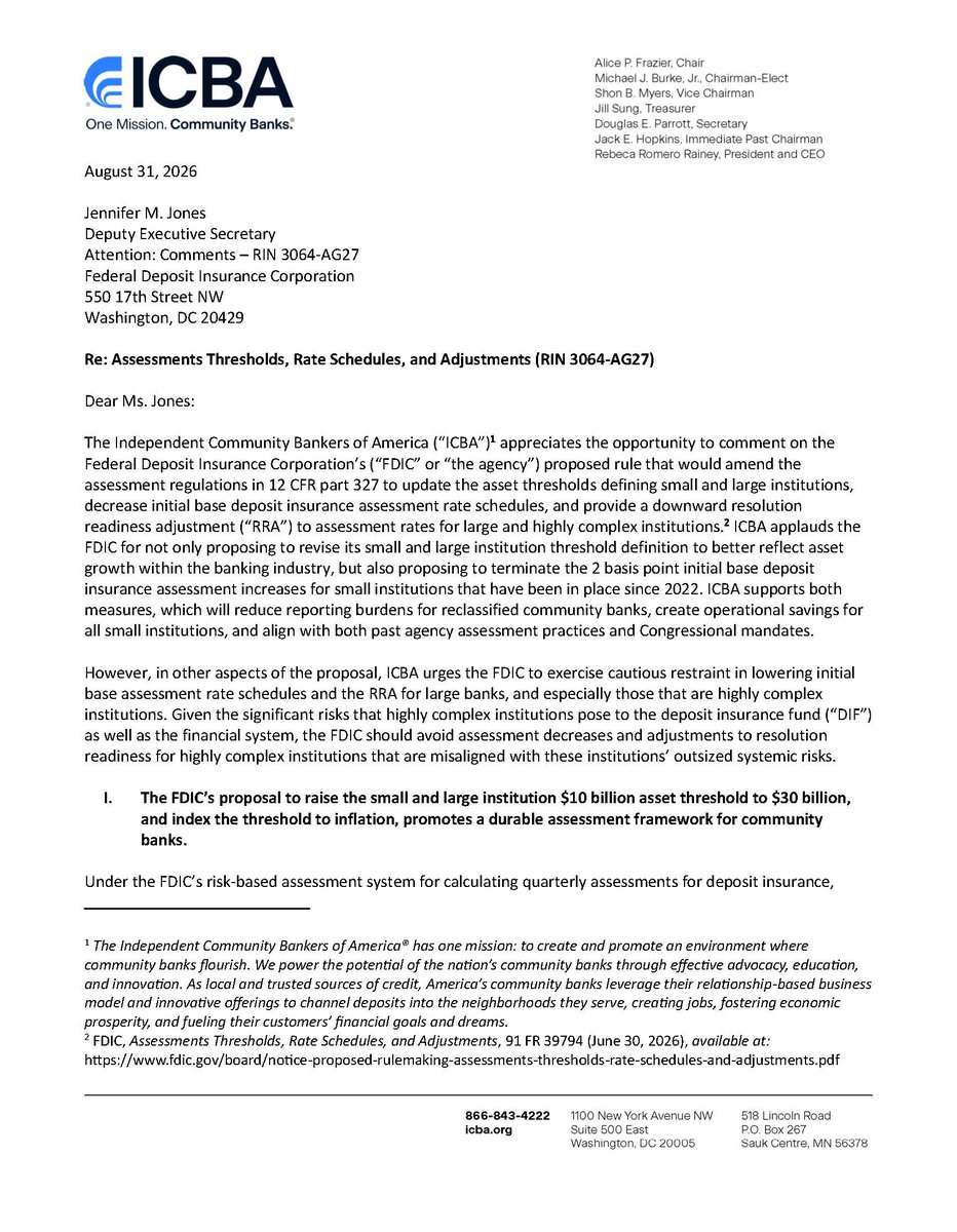 John_R_Ramage's tweet photo. . @ICBA backs proposal to reduce DIF assessments for #CommunityBanks and increase the threshold for the small bank scorecard. #OneMIssion https://t.co/yMLdNGUh6D