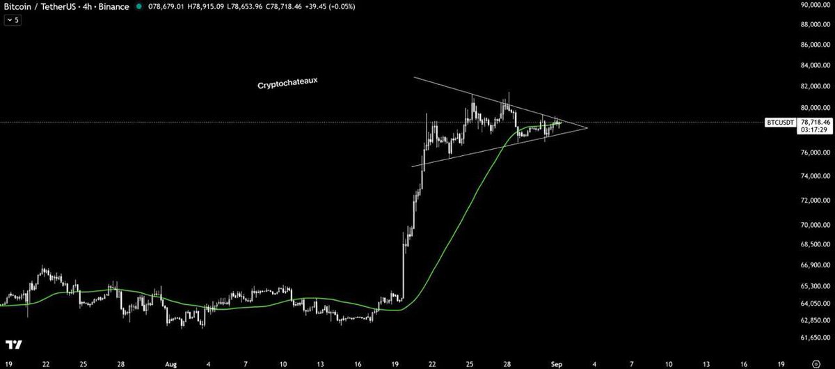 Apollo_Grayson's tweet photo. $BTC/USDT ANALYSIS

#Bitcoin is rebounding from the support trendline of the pennant, showing signs of strength.

The 50MA is acting as a key support below the current price action.

A solid breakout above the pennant could trigger another bullish rally in the market. https://t.co/lF8QjAdsuU
