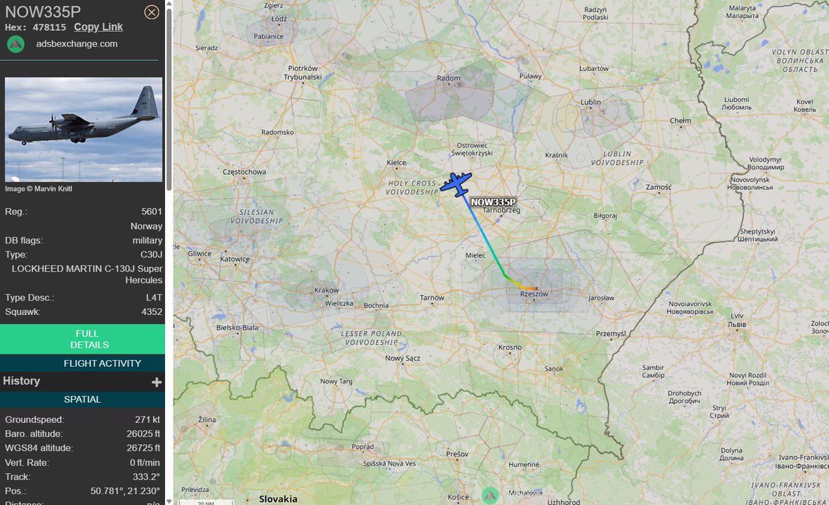 PolishMilRadar's tweet photo. 📅 01.09 🕑 13:53LT - 🇳🇴✈️ Norweski Hercules odleciał z Rzeszowa
🇳🇴 Królewskie Norweskie Siły Powietrzne
✈️ #NOW335P Lockheed Martin C-130J Super Hercules | Reg: 5601
🛫 Rzeszów-Jasionka #EPRZ 🇵🇱
🛬 Nieznane (możliwy powrót do Bazy Lotniczej Oslo Gardermoen #ENGM 🇳🇴)
🔗 https://t.co/NDuZuhcX5D
#POLMILRADAR