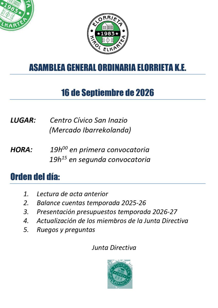 cdelorrieta's tweet photo. Elorrieta K.E. Ohiko batzar orokorra. 2026.ko irailaren 16

Asamblea general ordinaria Elorrieta K.E. 16 de septiembre de 2026 https://t.co/9Um3aPJ9QU