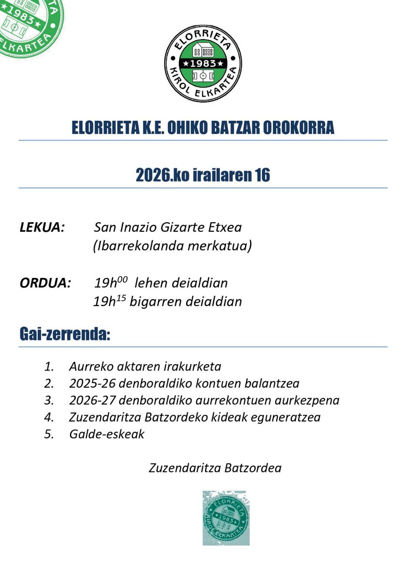 cdelorrieta's tweet photo. Elorrieta K.E. Ohiko batzar orokorra. 2026.ko irailaren 16

Asamblea general ordinaria Elorrieta K.E. 16 de septiembre de 2026 https://t.co/9Um3aPJ9QU