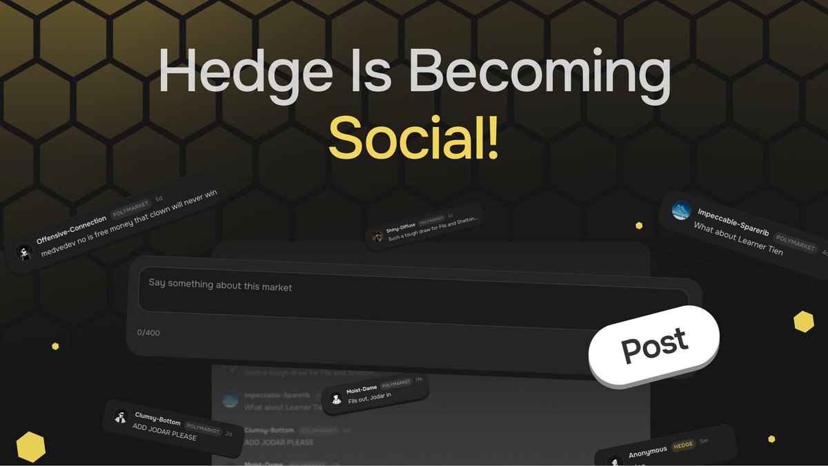 Hedgetradex's tweet photo. Social Feature is live on Hedge.

Every market now has a thread. Prediction Markets comments for that event, plus posts that stay on Hedge. Sign in, post as your nickname or wallet. Same room as the book.

Not a dump of the timeline. The chat is keyed to the event you are looking at.

Hedge. Trade the market. Talk on the market.
