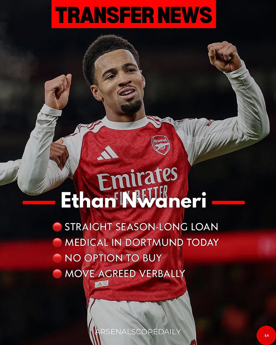 ArsenalScopeX's tweet photo. 🚨 Ethan Nwaneri is set for Borussia Dortmund.

The Arsenal youngster is expected to join BVB on a season-long loan, with a medical scheduled in Dortmund today.

No option to buy. 🔴⚪️

#Arsenal #Nwaneri #AFC #TransferNews https://t.co/hcEgJxiSif