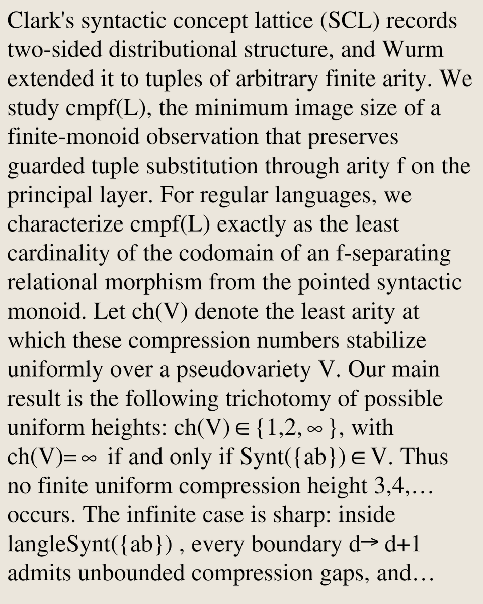 FormalLanguages's tweet photo. Finite-Monoid Compression in Syntactic Concept Lattices: Arity Hierarchies and a Pseudovariety Trichotomy

Takayuki Kuriyama
https://t.co/WbOVuzc375 [𝚌𝚜.𝙵𝙻 𝚖𝚊𝚝𝚑.𝙶𝚁] https://t.co/TdrJyk113t
