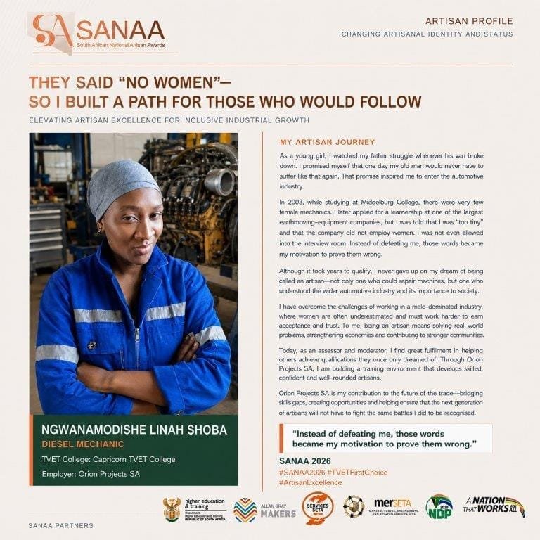 merSETASocial's tweet photo. *Ngwanamodishe Linah Shoba – Diesel Mechanic* 

 “They said no women—so I built a path for those who would follow.” 
 
From Capricorn TVET College to Orion Projects SA, Linah’s resilience turned rejection into motivation. https://t.co/JKENw3HMo0