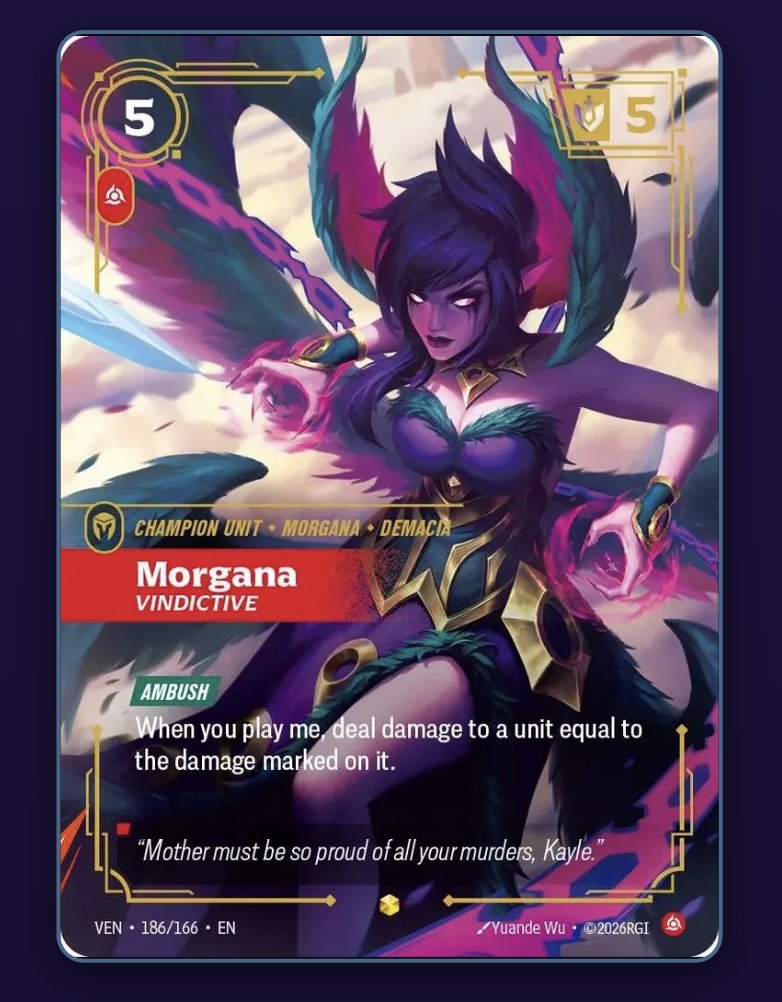Gachadotwin's tweet photo. Same player just grabbed this Morgana, Vindictive (Overnumbered) #riftbound https://t.co/6k1PJePBK0