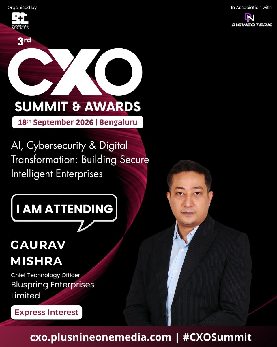 CXOSummitAwards's tweet photo. We are pleased to welcome Gaurav Mishra, Chief Technology Officer at Bluspring Enterprises Limited, as a distinguished delegate at the 3rd CXO Summit &amp; Awards 2026.

📅 18th September 2026
📍 Vivanta Bengaluru, Whitefield

Express Interest: https://t.co/NrC8zO6oKI

#CXOSummit2026 https://t.co/htIfY6UPha