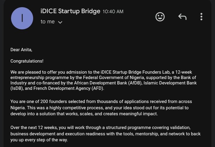 blue_apricott's tweet photo. We got in!!!
I'm happy to share that I’ve been selected for the iDICE Startup Bridge Founders Lab! 
Excited to build alongside my co-founder @inetimiomu over the next 12 weeks.

Thank you @iDICEStartup for this opportunity.  
Let’s build! https://t.co/NXvzOe1njK