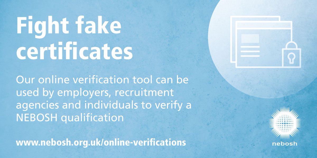 NEBOSHTweets's tweet photo. Verifying a NEBOSH certificate is easy with our online verification tool, and can be an important step in a robust recruitment process. 

Start by scanning the QR code on a NEBOSH certificate, or find out more on our website: https://t.co/BcajKXV9ZU https://t.co/oQ1BNFKyHJ
