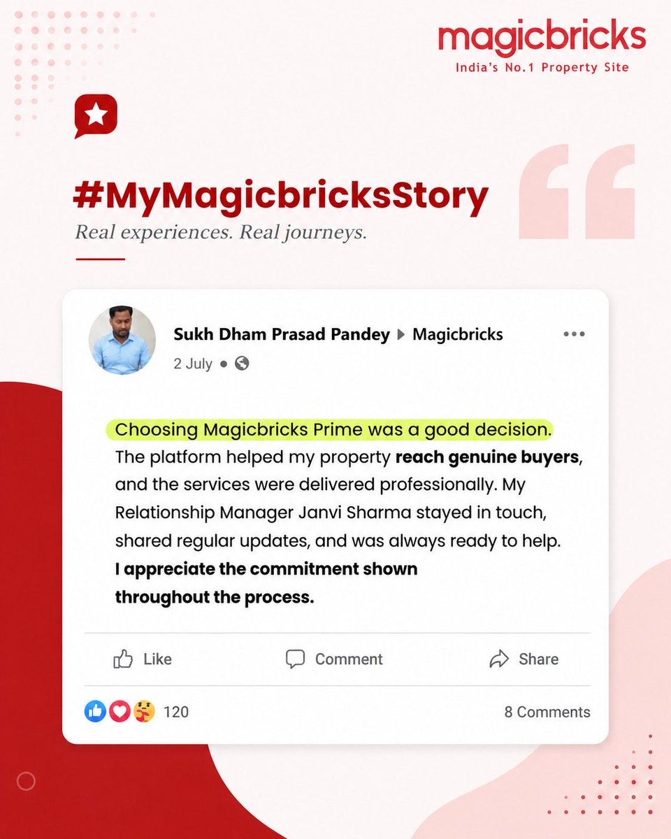 magicbricks's tweet photo. For Sukh Dham Prasad Pandey, choosing Magicbricks Prime meant connecting with genuine buyers and having dedicated support throughout the process. 

Experiences like these inspire us to keep making every property journey simpler and more seamless. 

#Magicbricks https://t.co/2PdPGsq5Al