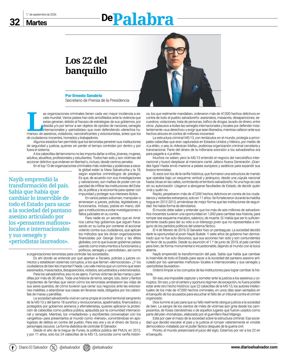 SecPrensaSV's tweet photo. El fallo que se conocerá en los próximos días contra los principales cabecillas de la MS-13 es retomado por el secretario de Prensa, @NetoSanabria, en su columna en @elsalvador. Expone que la sociedad salvadoreña sufrió las atrocidades de este grupo criminal, por décadas. “Ordenaron más de 47 mil hechos delictivos en contra de todo el pueblo: Asesinatos, masacres, desapariciones, secuestros, violaciones, trata de personas”, expresa. https://t.co/HbwNJWef6h