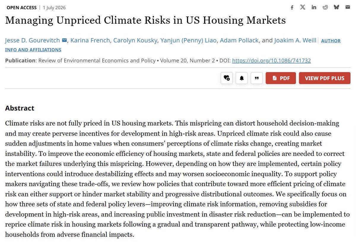 AereOrg's tweet photo. 📢 What’s current in #REEP? 📢
"Managing Unpriced Climate Risks in US Housing Markets" by Jesse D. Gourevitch @JesseGourevitch, Karina French, Carolyn Kousky, Yanjun (Penny) Liao @yanjun_liao, Adam Pollack, and Joakim A. Weill.
📎Open-access: https://t.co/sTkD5f7Sdw https://t.co/I7pQKjfyyO
