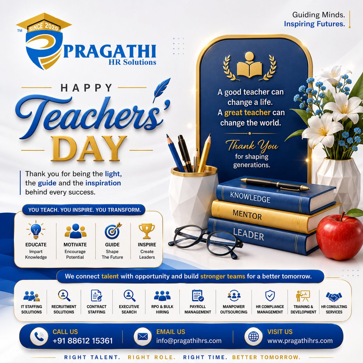 pragathihrs's tweet photo. HAPPY TEACHERS’ DAY! 📚🍎✨

"A good teacher can change a life. A great teacher can change the world."

Guiding Minds. Inspiring Futures!
👉 https://t.co/p52juYr8Vl📞 +91 88612 15361
#TeachersDay #PragathiHRS #GuidingMinds #InspiringFutures #HRServices #Recruitment #Staffing https://t.co/0L8F4Bkhp4