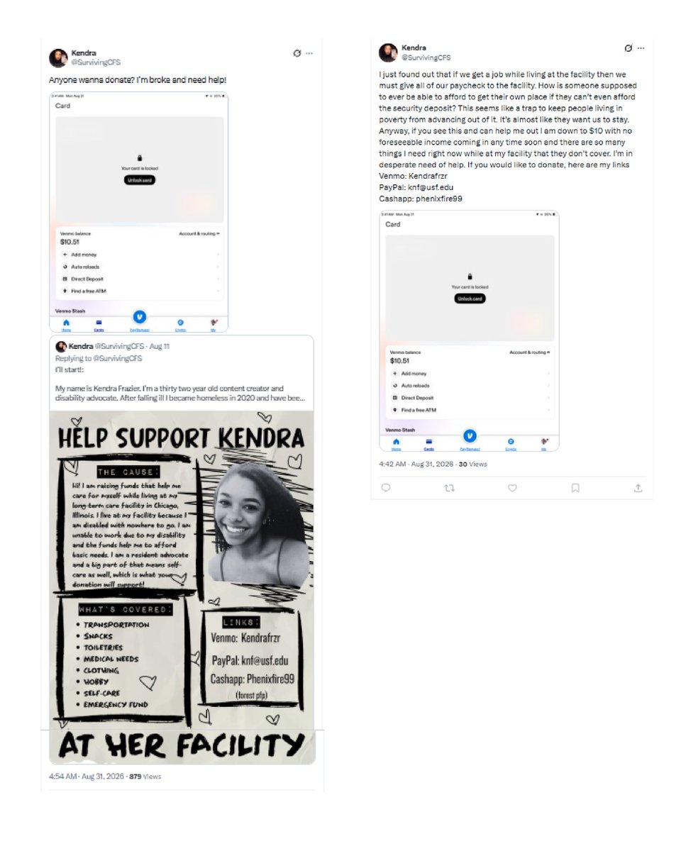 ScamFinderSam's tweet photo. Since scammer, @SurvivingCFS, ended the month begging for more money, I thought I'd add to her list of begs/scams during her stay at Bryn Mawr Care Mental Health Facility. This scammer with zero housing costs and zero financial obligations, and who is living on the taxpayers of Illinois money, and who is not allowed to fundraise, has asked for donations 5 times in the month of August. On August 5, 11, 18, 24 and the 31st. @IDPH #MedicaidFraud 

Over $40k scammed and still going. Where is the media on this story? Netflix, Amazon, Dateline, 48Hours, this scammer wants to be your next star!

Any American struggling to get bills paid and food put on their tables should be outraged by this woman's  lies, scams and greedy behavior.