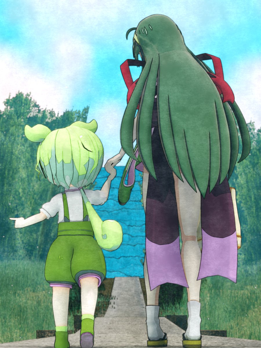 Magespy's tweet photo. お借りしたものなのだ
[モデル]
ずんだもん：Serre 様、東北ずん子：ムムム 様、買い物セット：キャベツ鉢 様、潜水橋のある河原：NuKasa 様
[エフェクト]
less 様、winglayer 様、サンドマン 様 https://t.co/qgBfZiE7vg
