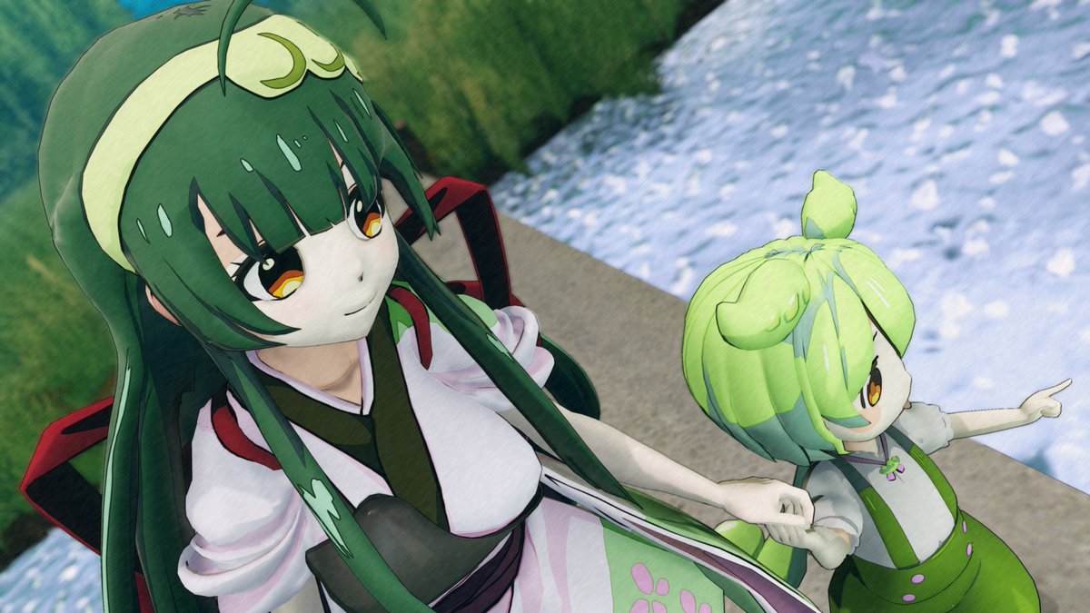 Magespy's tweet photo. お借りしたものなのだ
[モデル]
ずんだもん：Serre 様、東北ずん子：ムムム 様、買い物セット：キャベツ鉢 様、潜水橋のある河原：NuKasa 様
[エフェクト]
less 様、winglayer 様、サンドマン 様 https://t.co/qgBfZiE7vg
