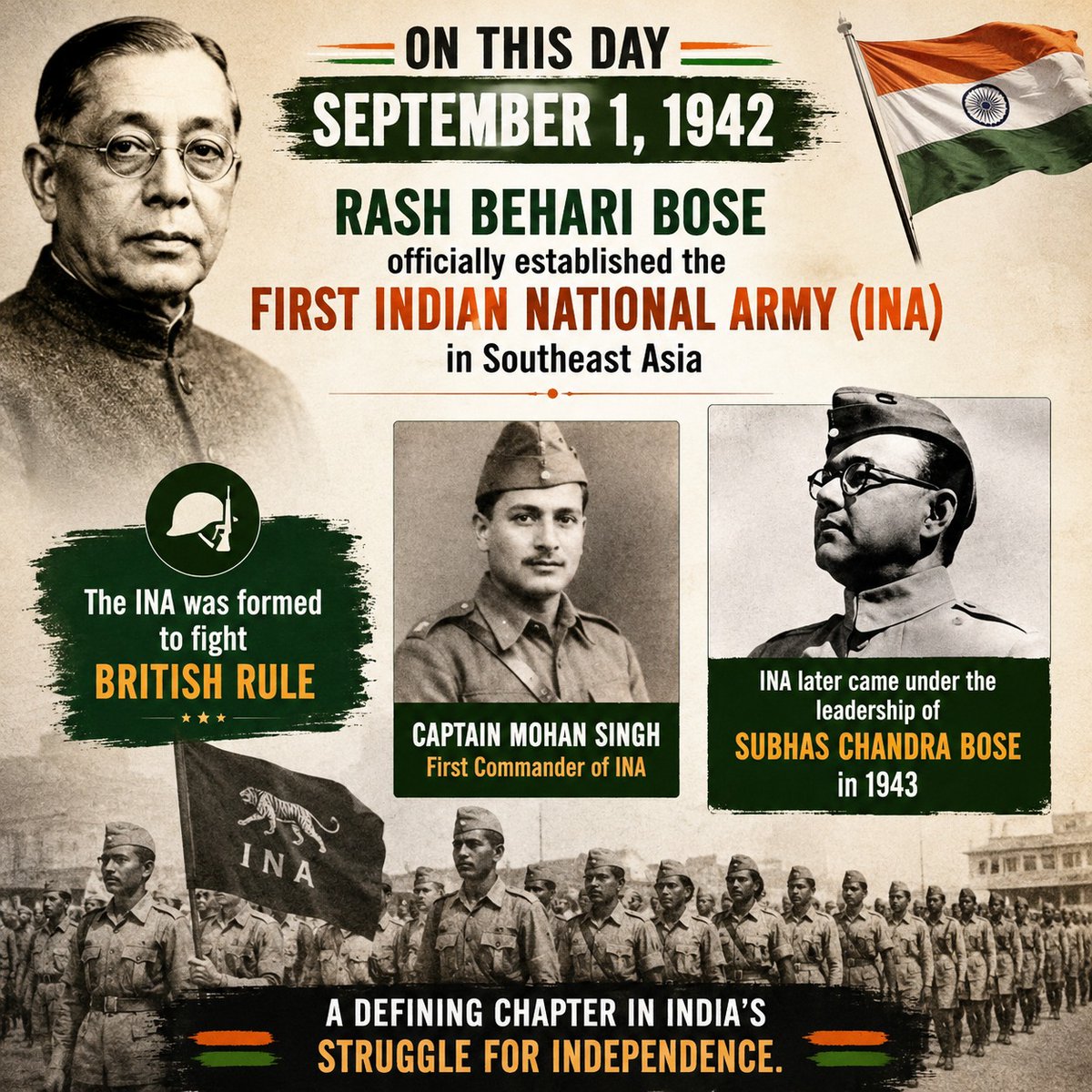 Guru_ji_ko's tweet photo. September 1, 1942

Rash Behari Bose established the first INA in Southeast Asia with Captain Mohan Singh as its first commander. A historic chapter in India’s freedom struggle. Jai Hind! 🇮🇳

#INA #RashBehariBose #Netaji #IndianHistory #JaiHind https://t.co/s3BaRnwU4J