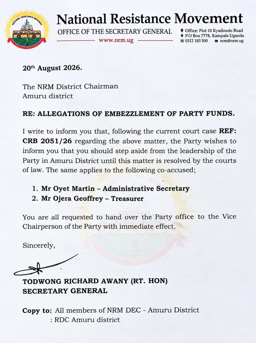 Rhobbietv's tweet photo. NRM Amuru district Chairman asked to step aside over alleged party funds embezzlement
The NRM Secretary General @TodwongR has reportedly directed the NRM District Chairman to step aside following the pending case in court til further notice
@TodwongR 
@NRMOnline 
@KagutaMuseveni https://t.co/XRYAawz2WM