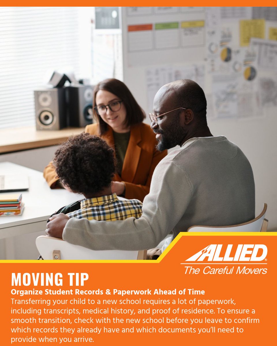 alliedvl's tweet photo. Besides creating a folder with your child’s important paperwork, share the contact information for both schools. This allows administrators to request any additional records directly from each other, saving you an extra step during your move. #movingtip #moving #newhome #fall https://t.co/ojjrTzzVlw