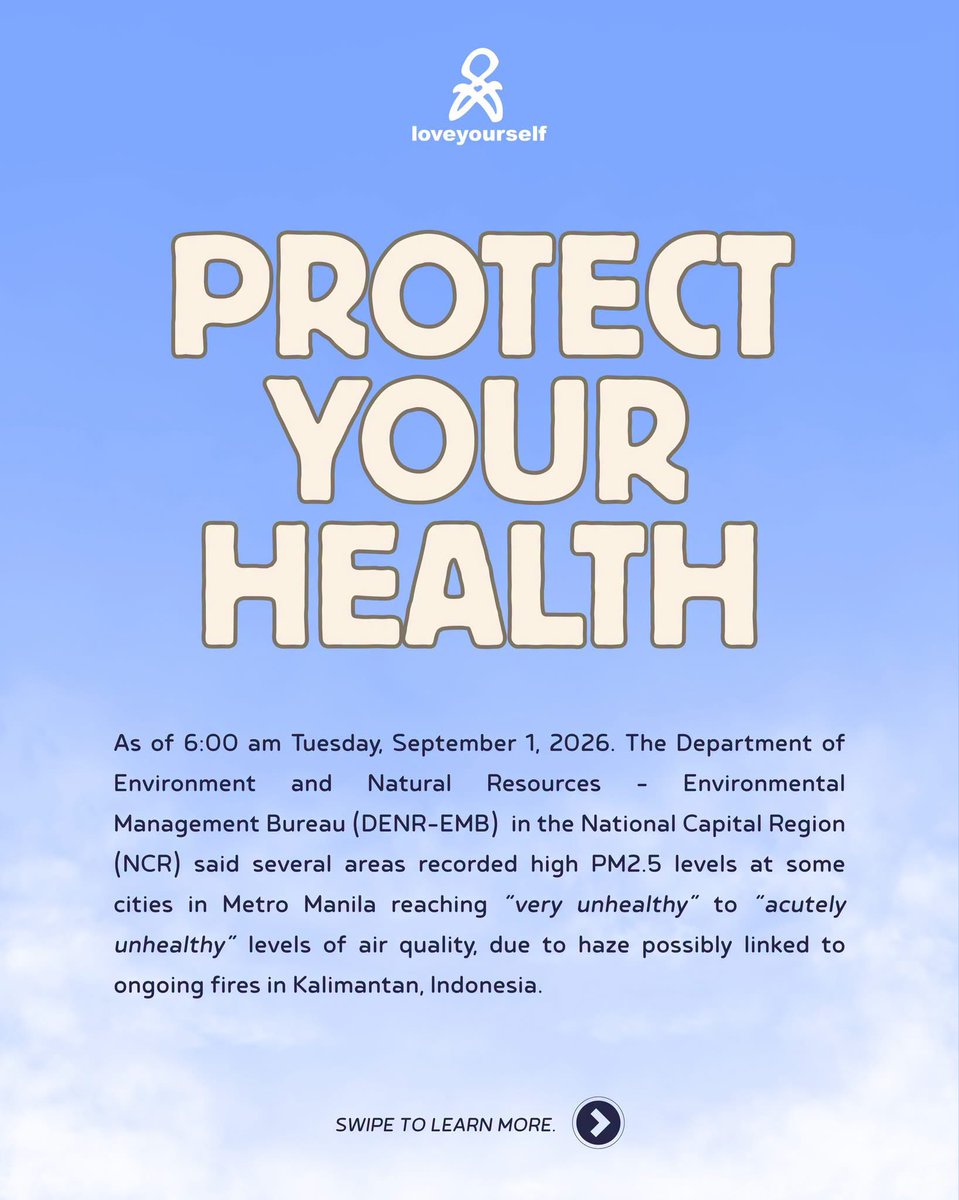 LoveYourselfPh's tweet photo. Protect your health amid poor air quality. Minimize prolonged outdoor activities, wear a well-fitting mask when needed, stay hydrated, and follow official air quality advisories.

Stay informed. Stay safe.

#LoveYourselfPH https://t.co/P7JohdmC3Q