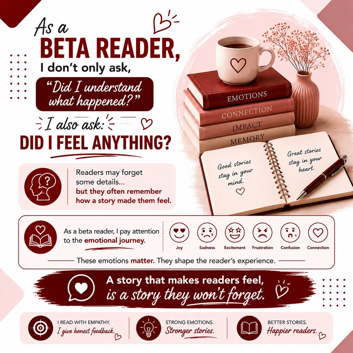 PatienceL20597's tweet photo. A #story can be perfectly understandable and still leave no lasting impression.
As a #betareader, I look beyond what happened and pay attention to what I felt while #reading it the moments that made me smile worry laugh connect, or pause
#wip #author #booktok #risingauthor https://t.co/vIRZj0aXp5