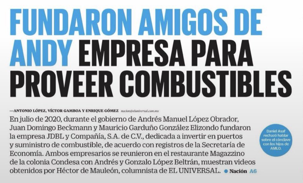 JTrianaT's tweet photo. Los empresarios que departieron en con Andy y Bobby son socios de una compañía creada apenas en 2020 y facultada para invertir en puertos y combustibles, el negocio favorito de los príncipes del huachicol fiscal.

Todo empieza a cobrar sentido. https://t.co/GFucrBaA1k