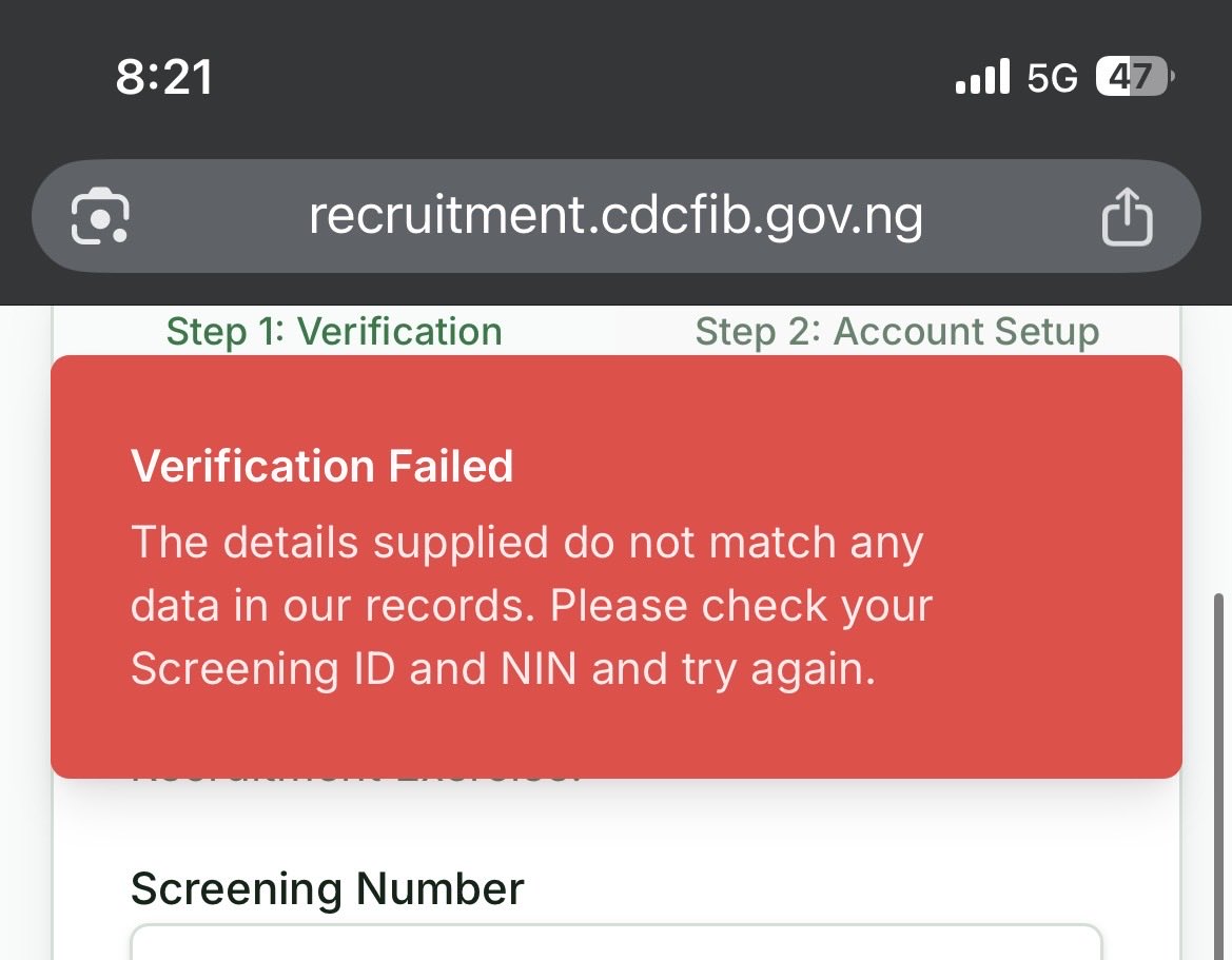 felixpoca72's tweet photo. @CDCFIBNG @MinOfInteriorNG @BTOofficial @CorrectionsNg @official_NSCDC @Fedfireng @NTANewsNow I haven’t been able to login to check my status after confirming that all my details are correct, this was the notification i got.I sent a mail to info@cdcfib.gov.ng . Kindly look into this https://t.co/RnWaIeLd5M