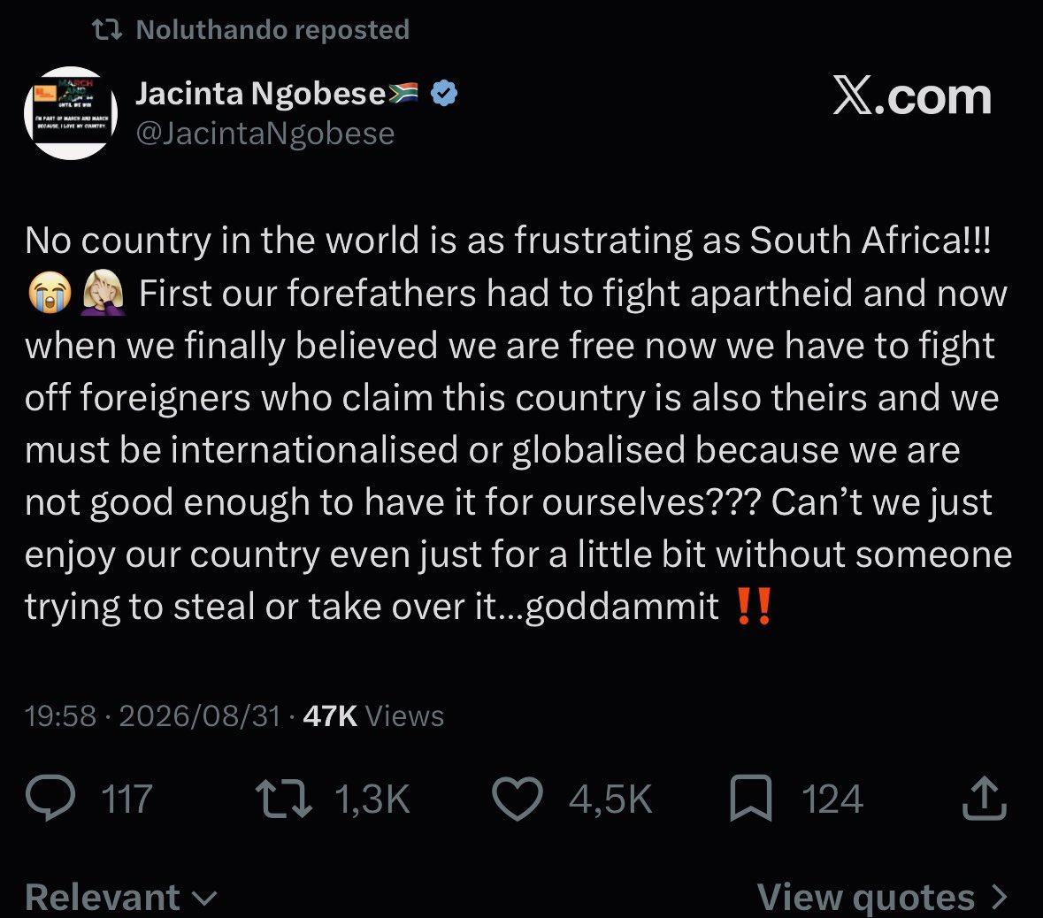 AfricaisBlack's tweet photo. She  doesn't care about jobs, education, or South Africans. She cares about attention, engagement, and fear. Every lie she tells follows the same script: blame the foreigner, ignore the data, profit from the outrage.

Meanwhile, the real crisis is 345,000 South Africans losing their jobs in three months of xenophobic violence, gets ignored because it doesn't fit her narrative. The real enemy isn't a Nigerian lecturer or a spaza shop owner. It's a system that fails to create jobs, and xenophobic ringleaders like her who profit from keeping us divided instead of demanding real solutions.

Stop being her weapon.