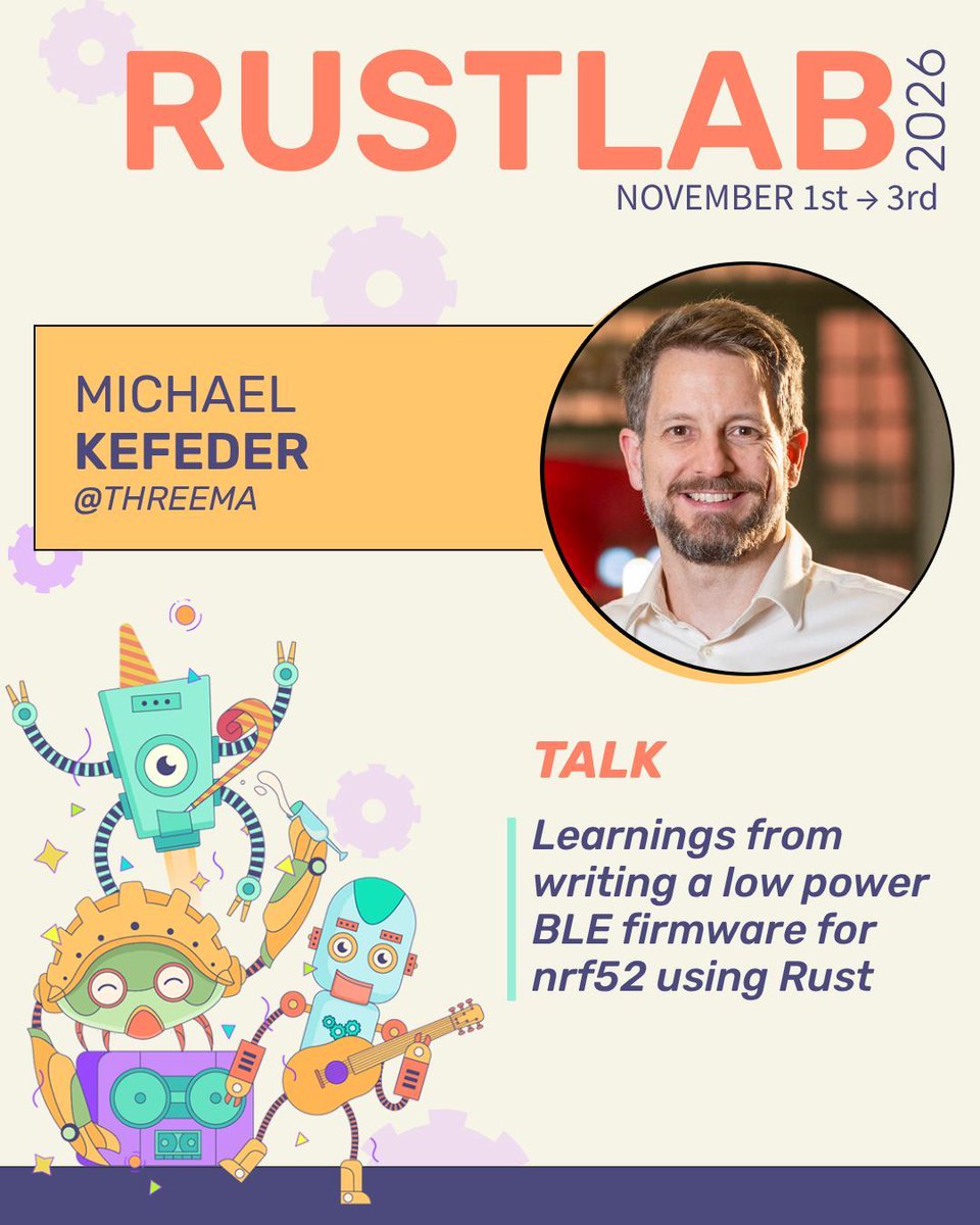 rustlab_conf's tweet photo. 🔋 How do you make a battery-powered device last for months?

At #RustLab2026, Michael Kefeder shares the lessons learned from building low-power BLE firmware for nRF52 devices in Rust.

Embedded systems, power efficiency, and real-world trade-offs.
https://t.co/rk4zuITMuz https://t.co/EFH3kBhiBT
