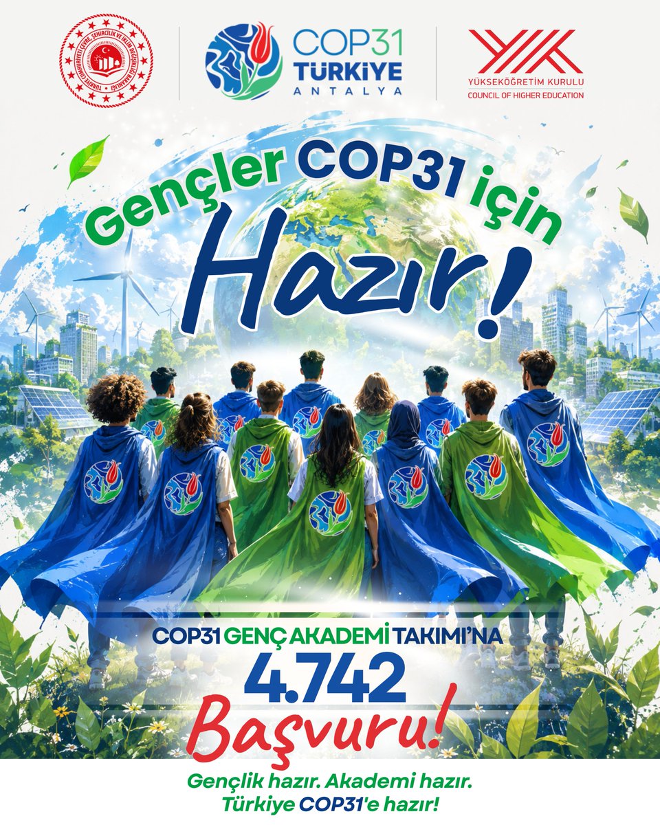 YuksekogretimK's tweet photo. 🌍 COP31 Genç Akademi Takımı’na binlerce başvuru!

9-20 Kasım’da Antalya’da gerçekleştirilecek COP31 İklim Zirvesi'nde üniversitelerimizin akademik çalışmalarına katkı sunmak isteyen gençlerimiz, çağrımıza büyük ilgi gösterdi.

Türkiye’nin dört bir yanından gelen 4.742 başvuru, öğrencilerimizin iklim ve sürdürülebilirlik alanında geleceğin inşasında aktif rol alma kararlılığını ortaya koyuyor.

Üniversitelerimizin bilimsel birikimini gençlerimizin enerjisi, vizyonu ve çözüm üretme gücüyle buluşturuyoruz.

Gençlik hazır. Akademi hazır.
Türkiye COP31’e hazır! 

#COP31BilimDiplomasisi
@erolozvar