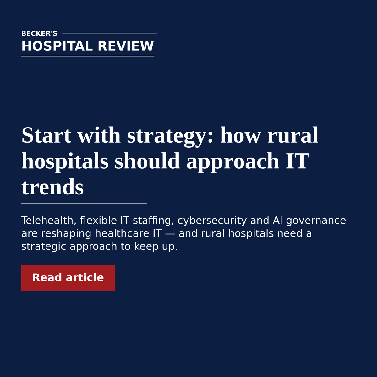 BeckersHR's tweet photo. Start With Strategy: How Rural Hospitals Should Approach IT Trends

In today’s healthcare environment, technology has become central to delivering high-quality patient care. It influences access, financial sustainability, workforce capacity, regulatory compliance and organizational resilience.

https://t.co/Qo6RMYVkvC