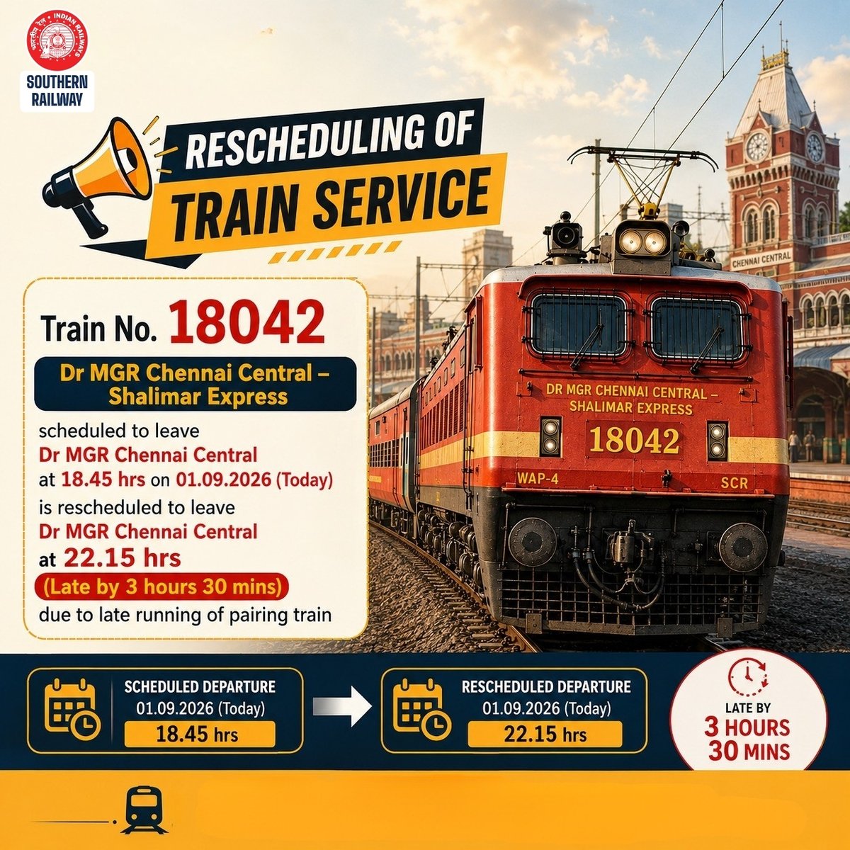 GMSRailway's tweet photo. Train No. 18042 will depart at 22:15 hrs today instead of 18:45 hrs due to the late running of the pairing train.

#SouthernRailway #Chennai #Shalimar #IndianRailways https://t.co/uIJ2D9ujzf