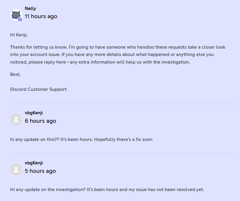 vbgken's tweet photo. Still no update on my discord account, might just make a new one, thoughts? https://t.co/u28lgfDsij