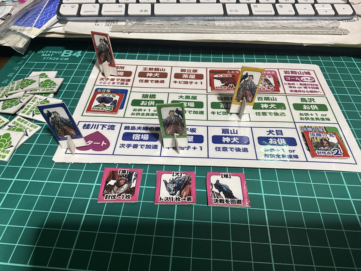 q_tsukasa's tweet photo. #百蔵仙遊活動報告
#甲州道中桃太郎伝説

先日の #大月TG部 で作成していたミニ双六『#桃旅　甲州道中桃太郎の旅』を作りました！

このゲームのさらにミニミニ版を新しい名刺に付属しようと考えています。
可能なら #OGS2026 までに間に合わせたいけど、出来るかな？ https://t.co/8scpvBRK8d