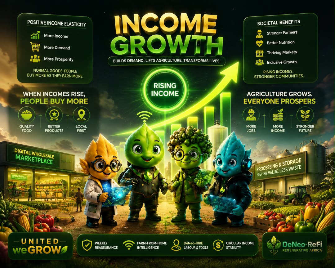 DENEO_FARM's tweet photo. Income Elasticity of Demand — When Rising Incomes Lift Agriculture

In micro-economics, Income Elasticity of Demand measures how much the quantity demanded of a good changes when consumers’ income changes.

- Positive income elasticity means people buy more of the good as their income rises (normal goods).  
- High positive income elasticity means demand grows strongly as living standards improve.  
- Negative income elasticity means people buy less as income rises (inferior goods).

In simple terms: it tells us whether a product benefits from economic progress or gets left behind.

Benefits to society

When a large share of what a nation produces has healthy positive income elasticity, rising incomes translate into stronger local demand.  

This creates a virtuous cycle:
- Farmers and food producers earn more as the economy grows  
- Rural households gain purchasing power  
- Better nutrition becomes more accessible  
- Local value chains expand instead of leaking demand to imports  
- Economic growth becomes more inclusive

Societies that successfully move more of their agricultural output into categories people buy more of as they earn more tend to see faster improvements in living standards and more stable domestic markets.

The cost to achieve it

Positive income elasticity for local agricultural products does not appear automatically. It requires real investment and system change:

- Consistent quality so that rising-income households actually want the product  
- Reliable supply so buyers can depend on it  
- Reduced post-harvest losses so more of what is grown reaches the market in acceptable condition  
- Market visibility so better products can be found  
- Processing and storage capacity so products meet higher expectations  
- Skills and knowledge so producers can meet evolving standards  

Without these, even strong national income growth may leave smallholder farmers behind. Demand upgrades to imported or higher-grade alternatives while local producers remain stuck with what rising incomes reject.

 Why it is needed for agricultural growth

Agricultural growth that does not align with income elasticity remains fragile.  

If most local output is treated as inferior or low-quality, rising incomes in cities and towns do not pull farming communities upward. Volume may still exist, but value and margins stay weak.  

For agriculture to become a genuine engine of broad-based progress, more of what farmers grow must sit on the right side of income elasticity  products that households increase consumption of as their earnings improve.

 How DeNeo-ReFi provides the foundation

DeNeo-ReFi works on the practical conditions that determine whether local agricultural products can benefit from rising incomes.

💰 Circular Income  
Builds more stable earnings for farming households. Stronger rural income itself contributes to local demand and reduces the desperation that forces low-quality sales.

🛒 Digital Wholesale Marketplace  
Makes better produce visible and reachable. As incomes rise among buyers, quality-differentiated local products have a clearer path to meet that demand.

🛡️ Weekly Reassurance & Farm-from-Home Intelligence  
Improves quality and consistency at farm level. Higher reliability helps more local crops qualify as the kind of normal goods that households buy more of when they earn more.

🛠️ DeNeo-Hire  
Supports timely labour and tools so farmers can deliver the standards that rising-income demand expects.

 Wider structural vision

Sustained positive income elasticity for local food requires deeper capacity:

🌱 Owned and partnered farms expand production of crops that can meet higher quality expectations.  

🏭 Production facilities for key foods such as rice, cassava, palm oil and others convert raw harvests into more consistent, higher-value forms that align with the demand patterns of improving incomes. 
 
❤️ The DeNeo-ReFi Care Foundation invests in skills, welfare, and the next generation so future producers can understand income-driven demand shifts and position their output accordingly.

The deeper point

Income elasticity is one of the quiet forces that decides whether economic growth reaches the farm.

When local products are reliable and visible enough for rising-income households to choose them, agriculture gains a powerful tailwind.  
When they are not, growth elsewhere in the economy can pass farmers by.

DeNeo-ReFi builds the systems income stability, quality protection, market access, coordination, and value addition  that give Nigerian and African agricultural products a better chance to benefit from rising incomes.

We do not control national income growth.  
We work so that when incomes rise, more of the demand lands where it can lift the people who grow the food.

United weGrow 💚💛
