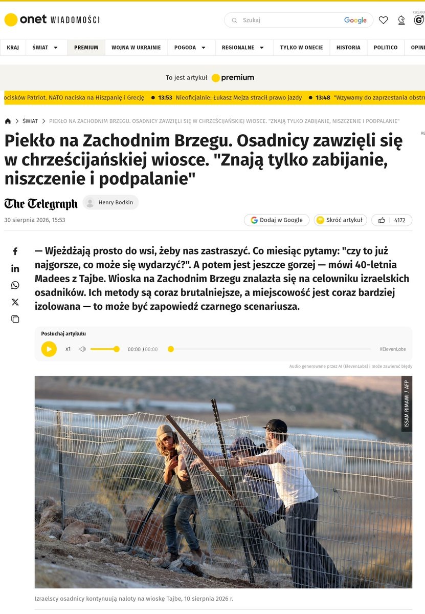 Edgar_Korona's tweet photo. W Ziemi Świętej, w ostatniej całkowicie chrześcijańskiej wiosce na Zachodnim Brzegu — w Taybeh, dawnym biblijnym Efraim — dzieje się to, o czym milczą salony, kancelarie i większość ambon.
To tam, po wskrzeszeniu Łazarza, gdy Sanhedryn już knuł Jego śmierć, Pan Jezus wycofał się ze swoimi uczniami. Święty Jan zapisuje to bez ozdobników: „Jezus już nie występował wśród Żydów publicznie, tylko odszedł stamtąd do krainy w pobliżu pustyni, do miasteczka zwanego Efraim, i tam przebywał ze swymi uczniami” (J 11,54).
Dziś w tym samym miejscu, po dwóch tysiącach lat, chrześcijanie nie śpią po nocach.😭😭😭
Osadnicy przyjeżdżają o zachodzie słońca. Hałaśliwymi pojazdami, pieszo, czasem konno. Rzucają kamieniami. Wybijają okna. Podpalają budynki. Biją ludzi. Mieszkańcy pytają co miesiąc: „czy to już najgorsze?” — i za chwilę jest gorzej. Wioskę ogłoszono zamkniętą strefą wojskową. Przemoc nie ustaje. Wojsko nie broni chrześcijan skutecznie. Rząd wspiera fakt dokonany.
To nie jest „incydent”. To systematyczne wykańczanie resztki chrześcijaństwa w miejscu, które Zbawiciel wybrał na schronienie przed śmiercią.
Mówią nam o „judeochrześcijańskiej cywilizacji”, o „obronie Zachodu”, o „świętym sojuszu”. A w wiosce, po której stąpał Chrystus, zostaje strach, ogień i poczucie, że świat patrzy obojętnie — albo udaje, że nie widzi, bo obraz nie pasuje do aktualnej liturgii politycznej.
Chrześcijanie z Taybeh nie są rekwizytem. Są żywymi świadkami tej ziemi. Jeśli ich wypchną, zniknie nie tylko wioska. Zniknie kolejny konkretny ślad tego, że Ewangelia działała się tutaj, a nie w muzeum ani w hasztagu.
Polska, która przez wieki umiała wołać o prześladowanych braciach w wierze, dziś zbyt często milczy albo powtarza cudze komunikaty. Watykan szeptem. Europa — gdy nie pali się tęczą — nie zauważa.
A tymczasem w Efraimie znów zapada zmierzch. I znowu nadjeżdżają ci, którzy — jak mówią sami mieszkańcy — znają tylko niszczenie.
Niech Bóg strzeże chrześcijan Ziemi Świętej.
I niech da nam odwagę nazywać rzeczy po imieniu.