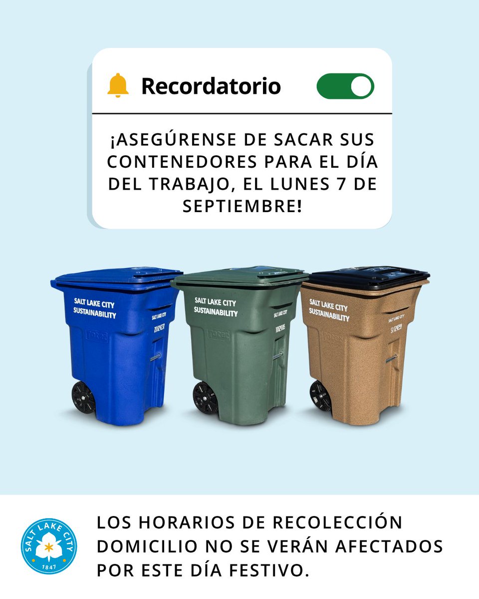 SLCgreen's tweet photo. Waste, recycling, and compost pick-up services will be operating as usual the week of the Labor Day! 

Collection schedules and information on curbside services can be found on our website at https://t.co/7gA8TsBlGL (link in bio). https://t.co/9nQIMjgOuU