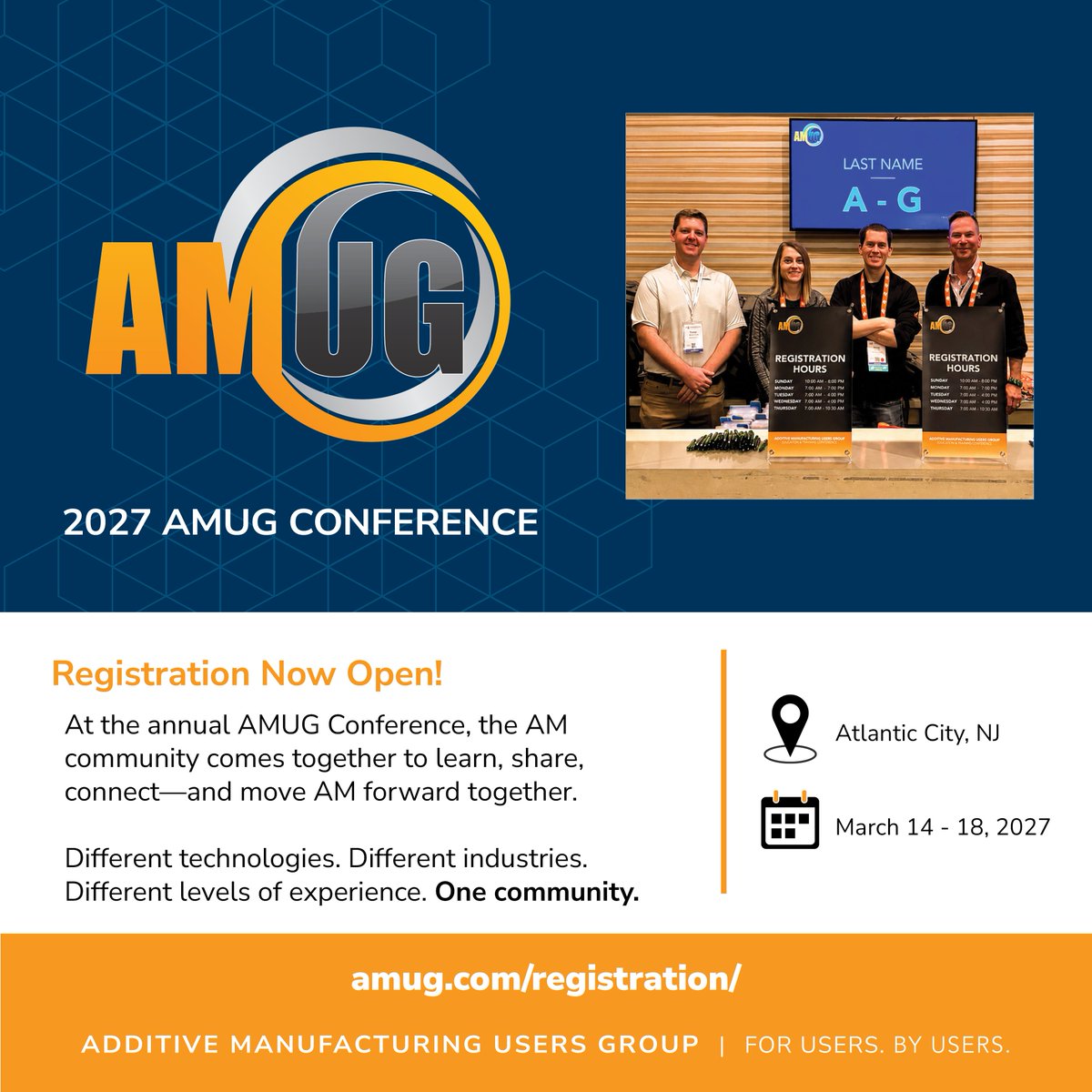 AdditiveMFGUG's tweet photo. Registration for #AMUG2027 is NOW OPEN!

AMUG is more than an annual conference. It’s a community of people who use AM every day.

Whether you’re an experienced AM professional or just beginning your journey, this is your community.

https://t.co/1nXAxiV8hi

#AMUG #3DPrinting https://t.co/vcm4NNOl7q