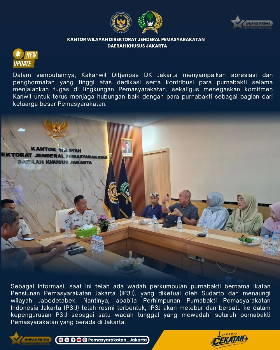 HumasPasDkJkt's tweet photo. 🤝 Sinergi untuk Kemajuan Pemasyarakatan

Kakanwil Ditjenpas DK Jakarta, Wachid Wibowo, menggelar rapat bersama para purnabakti pegawai Pemasyarakatan dalam rangka penyusunan Pengurus Perhimpunan Purnabakti Pemasyarakatan Indonesia Jakarta (P3IJ), Senin (31/8). https://t.co/JrZImz84ud