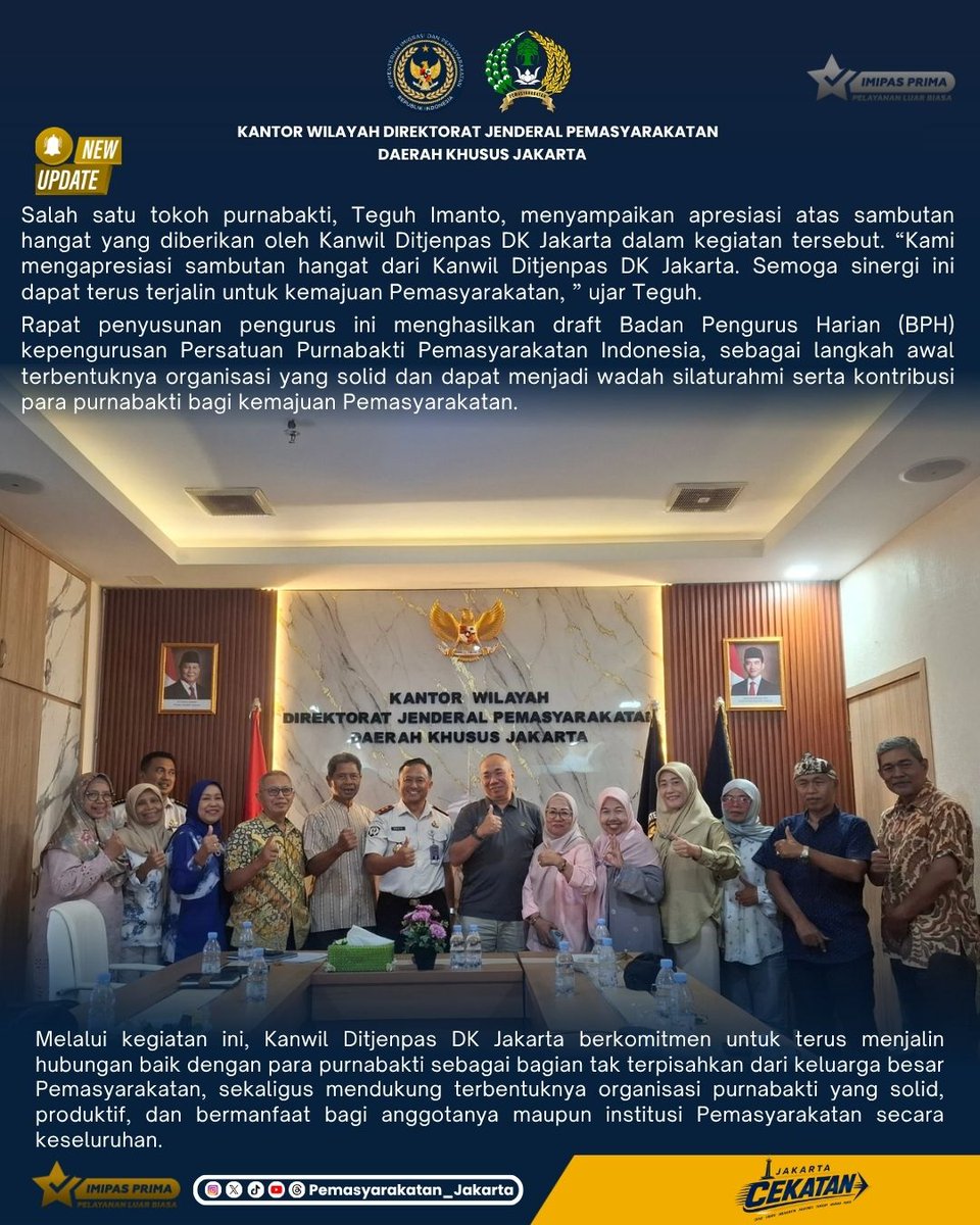 HumasPasDkJkt's tweet photo. 🤝 Sinergi untuk Kemajuan Pemasyarakatan

Kakanwil Ditjenpas DK Jakarta, Wachid Wibowo, menggelar rapat bersama para purnabakti pegawai Pemasyarakatan dalam rangka penyusunan Pengurus Perhimpunan Purnabakti Pemasyarakatan Indonesia Jakarta (P3IJ), Senin (31/8). https://t.co/JrZImz84ud