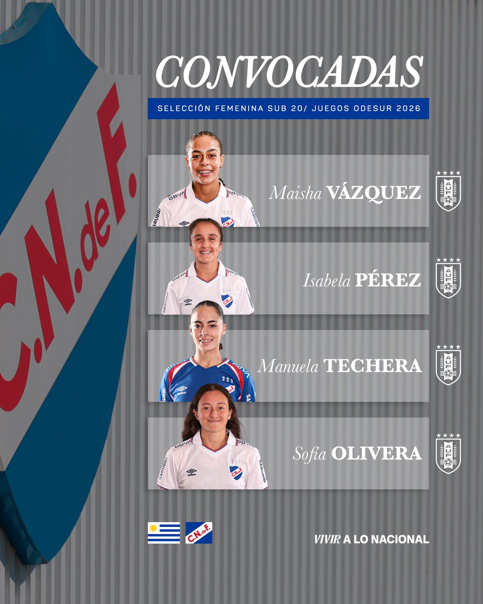 CNdeFfemenino's tweet photo. 𝗖𝗢𝗡𝗩𝗢𝗖𝗔𝗗𝗔𝗦 🔖

Isabela Pérez, Maisha Vázquez, Sofía Olivera y Manuela Techera fueron convocadas para los juegos ODESUR con la selección Sub20 👏🏼

¡Felicitaciones! 🔵⚪️🔴🫂��🇾 https://t.co/YILDOiF06W